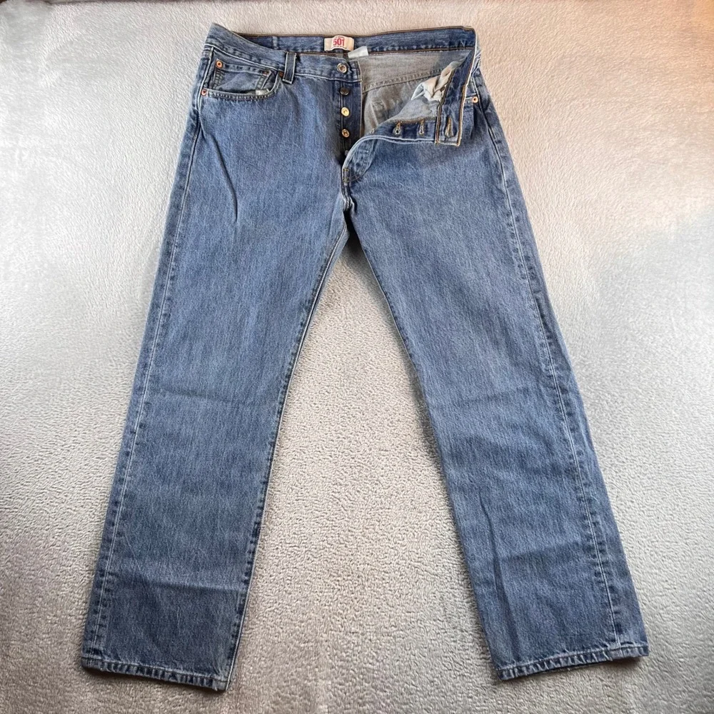 Levis 501 Original Straight Leg Button Fly Blue Denim Jeans Mens 35x30